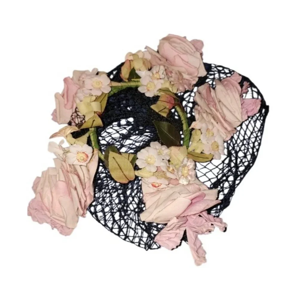 LOUIS Styled in California Vintage Floral Hat Black Net Pink Silk Roses